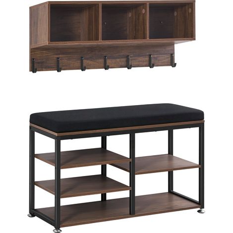 Porte-manteau avec banc à chaussures intégré, ensemble 3 en 1 comprenant porte-manteau, crochets et étagère, structure en acier, organisateur de rangement pour entrée, chambre, dressing, bureau, marro (1/5)
