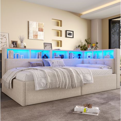 Sofá cama 90x200 cm con USB y Tipo C, LED multicolor controlable por app, arcón hidráulico y estantes laterales, tapizado en tela beige, ideal para dormitorio  CHICFURN (1/5)