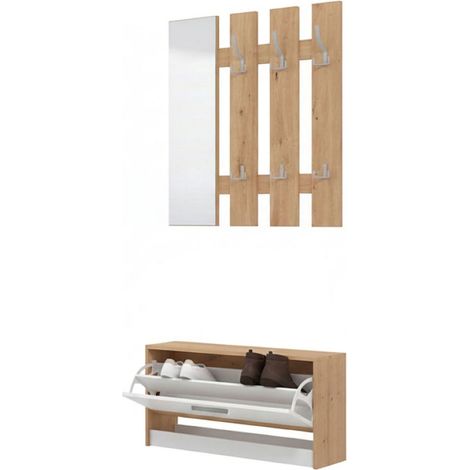 Garderobenmöbel Viggiano, Spiegel inkludiert, 3 Regale, Kleiderhaken, 91.5x28x202h cm Weiß