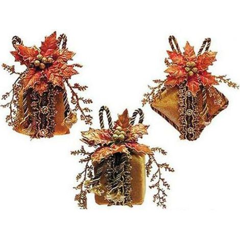 3 decorazioni addobbi natalizi per albero natale - pacco/cuscino/sacco - colore oro/arancio