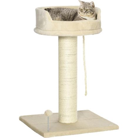 ALBERO TIRAGRAFFI PER GATTI CON LETTINO E PALLINA IN PELUCHE E PALO IN SISAL 55X55X83CM BEIGE (1/5)