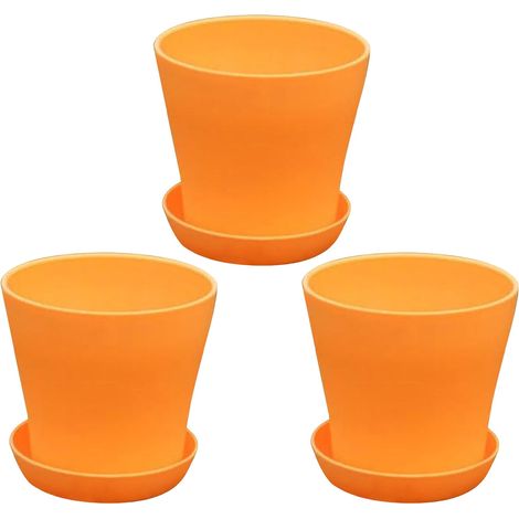 Dekorative Kunststoff-Pflanzgefäße, 5,5-Zoll-Pflanzgefäße, Set mit 3 PP-Töpfen, mit Abflusslöchern und Untersetzern, geeignet für Zimmerpflanzen und Blumen (orange).