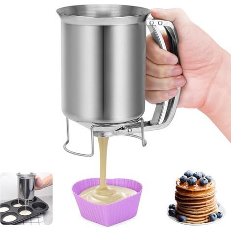 Stainless Steel Crepe Batter Dispenser, Bakery Dessert Funnel with Squeezing Handle, Professional Egg Tart Liquid Dispenser, Manual Cake Pourer for Cupcakes, Waffles (900ml) (1/5)