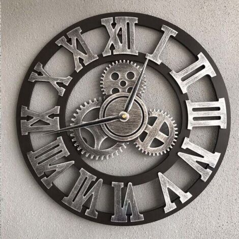 3D grande horloge murale silencieuse en bois rétro classique horloge murale à engrenages rétro horloge à chiffres romains salon steampunk européen décoration industrielle, bar, argent, 40 40 cm (1/4)