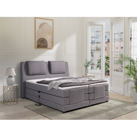 Ensemble complet boxspring tête de lit + sommiers relaxation électrique + matelas + surmatelas - 2 x 80 x 200 cm - Tissu - Gris clair - CASTEL II de PALACIO