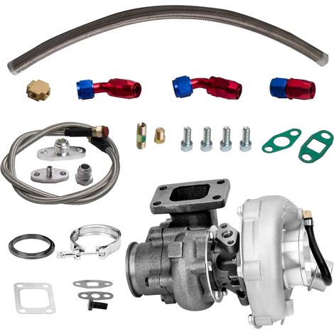 T3 T4 T3T4 TO4E Turbo Turbocharger .63 A/R + Oil Drain Return + FEED Line KitT3 T4 T3T4 TO4E Turbo Turbocharger .63 A/R + Oil Drain Return + FEED Line Kit (1/5)