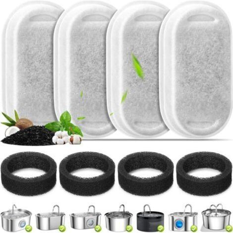 Lot de 4 filtres pour abreuvoirs pour chats, filtres de rechange et éponges de préfiltration pour abreuvoirs en acier inoxydable de 3,2 L/108 oz et 67 oz/2 L
