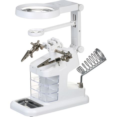 Lupa multifuncional para soldar (3x/4,5x/25x) con iluminación LED, soporte para soldar y herramienta de reparación, conexión USB. (1/5)