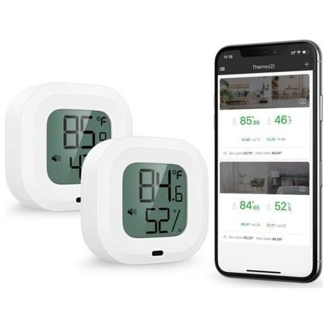 Hygromètre à Thermomètre Bluetooth 5.0, 2pcs Contrôle App sans Fil Mètre de Moniteur d'Humidité Température Précis, Capteur Moniteur avec Ecran, Bouton, Alertes Funtion pour iOS/Android (1/5)