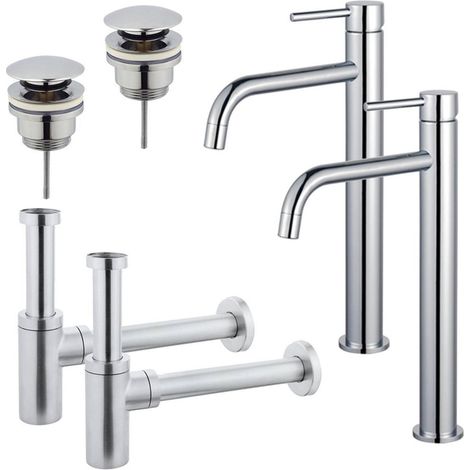 FugaFlow Eccelente Sobrado Slim Kit robinet lavabo - pour double vasque - robinet rehaussé - bonde clic clac - siphon design - Chrome brillant (1/4)