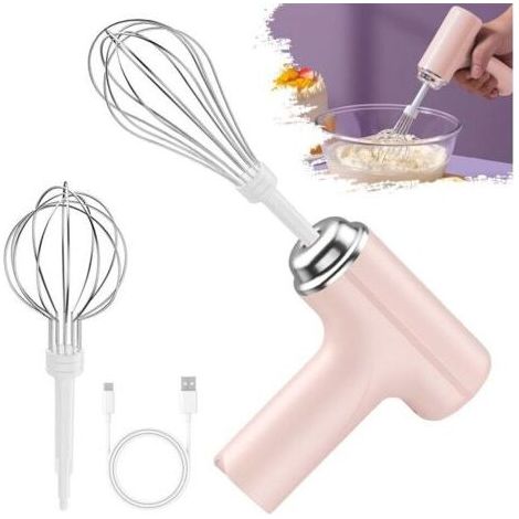 Pair Batteur Électrique Sans Fil USB 3 Vitesses - Fouet à Main avec 2 Têtes en Acier Inoxydable Amovibles pour Cuisine, Pâtisserie, Œufs - Rose (1/5)