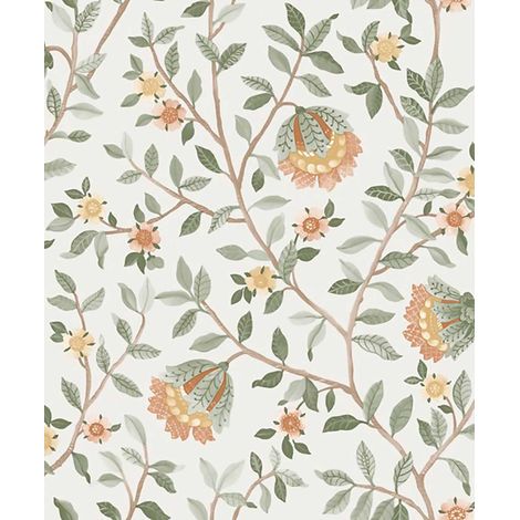 Papier peint fleuri botanique fond blanc cassé (1/2)