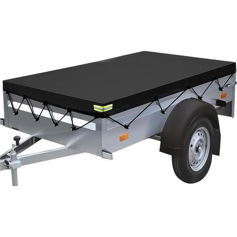 Bâche de remorque, 214 x 122 x 13 cm, imperméable, avec corde et bandes réfléchissantes, PVC 420D, 750 kg, noire, plate, coupe-vent et indéchirable. (1/5)