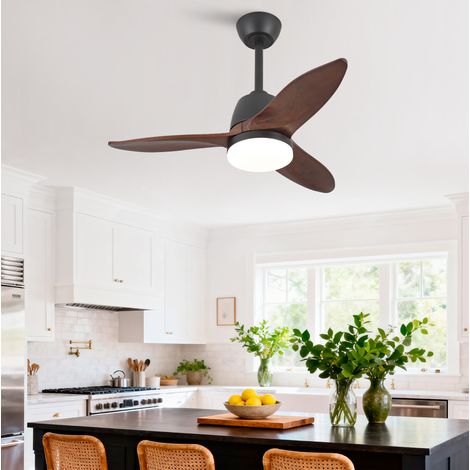 Ventilador de techo Ø91,4 cm con 3 aspas de madera maciza, motor DC reversible, luz LED regulable 3 tonos, negro/nogal oscuro (1/5)