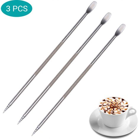 Lot de 3 aiguilles décoratives en acier inoxydable 304 pour latte art, bâtonnets à sculpter la mousse de lait, outils de sculpture spéciaux (1/5)