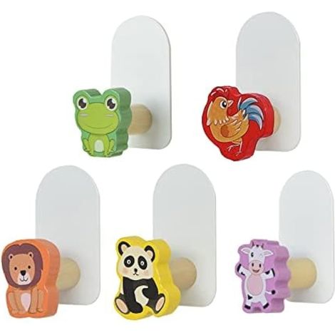 Lot de 5 crochets muraux autocollants en bois avec animaux amusants pour salon, manteaux, chapeaux, sacs (grenouilles, lions, vache, panda, poulet) (1/5)