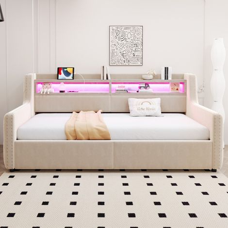 Lit canapé-rembourré-rangement-hydraulique-LED-doux-prise-chargement-sommier-inclus-beige-215x104x81cm-Sans Matelas (1/5)