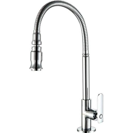 Rubinetto da cucina e da giardino in acciaio inox con beccuccio girevole a 360 gradi e doccetta estraibile, per lavello, lavanderia, solo acqua fredda, finitura cromata (senza tubo flessibile)