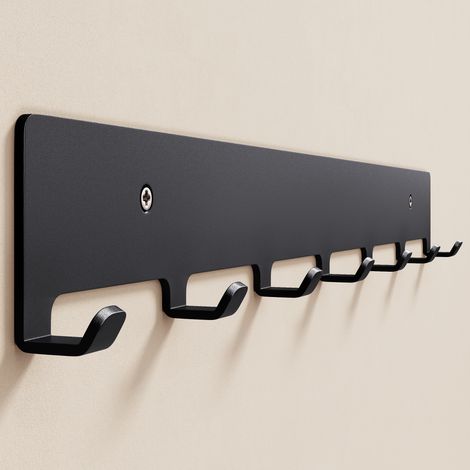 doporro Garderobenleiste mit 7 Haken, Wandgarderobe mit Garderobenhaken, Wandhaken, Kleiderhaken Wand, selbstklebend oder zum Bohren, für Flur, Bad und Küche,Schwarz, Stalo-17 (1/5)