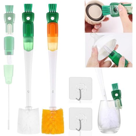 2 Pièces 5 en 1 Brosse à Bouteille avec Long Manche, Brosses de Nettoyage avec 2 Pièces éponge, Brosse Bouteille pour Bouteilles à Col Etroit Biberons Gobelets et Verre à Vin