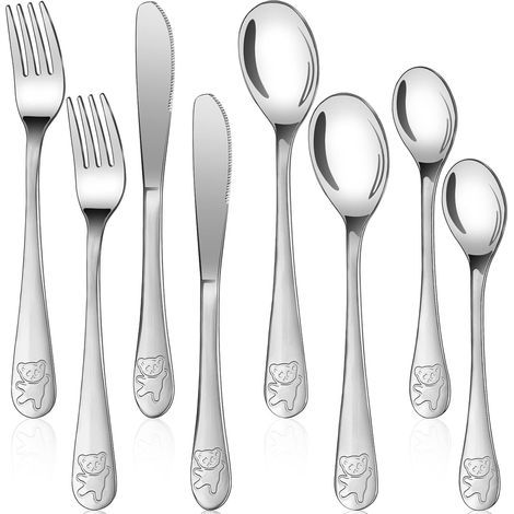 Couverts Enfant Inox - Lot 8 Pièces - Acier 18/0 Finition Miroir - Ergonomique Pour Maison École - Argent Ours (1/5)