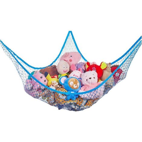 Spielzeughängematte mit Haken für Stofftiere, hängendes Eckaufbewahrungsnetz für Spielzeug (blau)