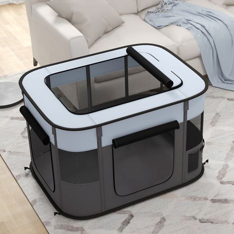 Parque para cachorros (94x74x60 cm), plegable, con ventanas de malla, tejido de poliéster gris (1/5)