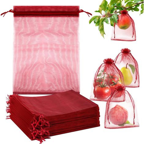 Filiyano-100 sacs à fruits bordeaux de 13 x 18 cm pour arbres fruitiers, filet de protection, sacs à mailles fines avec cordon de serrage. (1/4)
