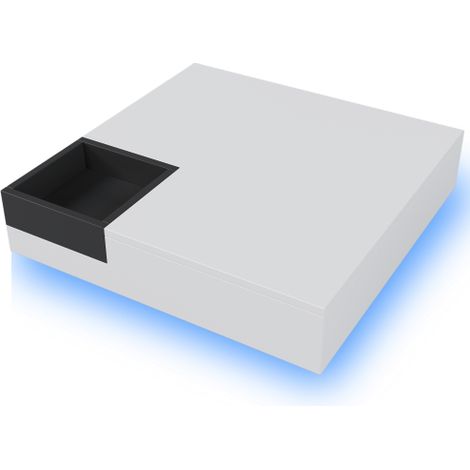 Table basse laquée blanc noir LED avec coffre amovible, 72x72x30 cm
