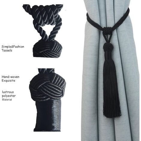 NALOOKAMIC Lot de 2 embrasses de Rideaux Faites à la Main en Corde avec Pompons pour décoration de Bureau Maison (Noir, 2)