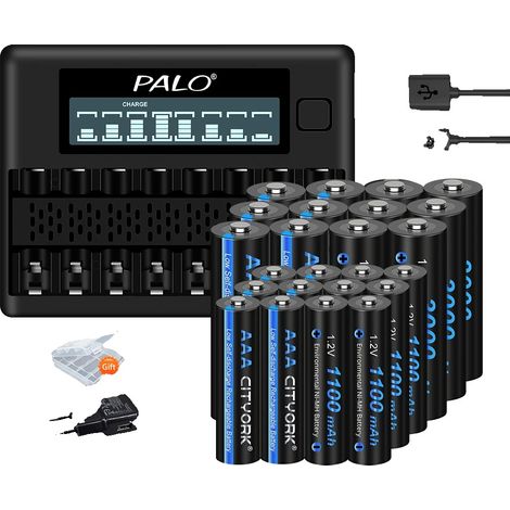 Chargeur de batterie rechargeable, écran LCD, 8 emplacements, 12AA 12AAA 1 chargeur (1/2)
