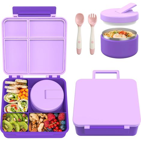 Lunch Box Enfant Set avec 300ml Boite Isotherme Repas Chaud, Anti-Fuite Bento Box Enfant Adulte avec 4 Compartiments et Couverts, Boîte à Lunch sans BPA pour Enfants, École, Excursions, Lila (1/5)
