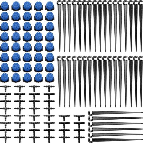 Automatisches Tropfbewässerungsset (4/7 mm), 120-teilig, bestehend aus 40 verstellbaren Tropfern, 40 Schlauch-T-Stücken und 40 Befestigungsstiften für 4/7-mm-Tropfschläuche, für den Garten, Blau (1/5)