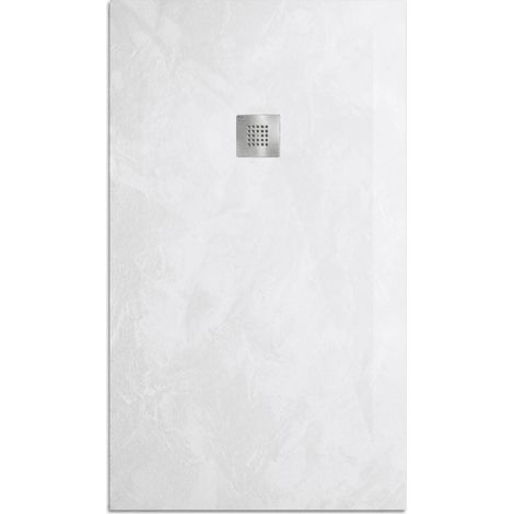 Mineralguss-Duschwanne extra flach Spachteloptik SILEX weiss 100x100 cm Ablaufschutz in Chrom