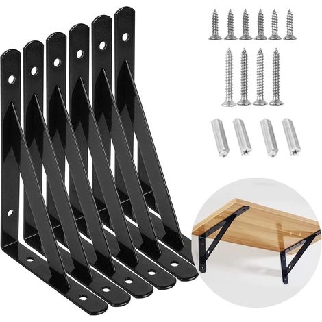 6 Pack Equerre Etagere Murale, Support Etageres Murales Triangle, 15 9.5cm Etagere Angle de 90 Degrés Murale avec Vis et Chevilles pour Étagère Déco Cuisine Chambre Meubles Suspendus Placard, Noir (1/5)