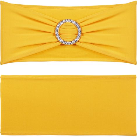 Mophorn Écharpes de chaise en élasthanne extensible, housse de chaise avec boucle ronde et bandes élastiques. 50 pièces jaune doré pour décoration de chaise de mariage, de fête et plus encore