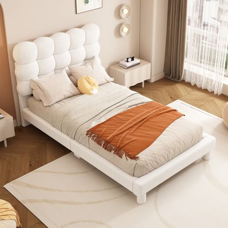 Bett 90x200 cm gepolstert Weiß aus Plush und MDF, 3-fach verstellbares Kopfteil (1/5)
