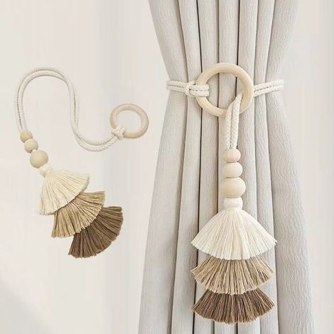 Lot de 2 Embrasse de Rideaux Bohème -60 cm - Attaches Rideau pompons - fabriqués à la main - pour Rideau Intérieur et Extérieur (1/5)