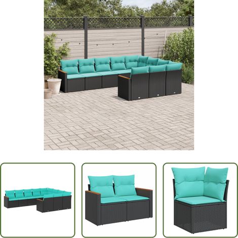 Gartenmöbel - 10-teiliges Gartensofa-Set mit Kissen, schwarzes Polyrattan (1/5)
