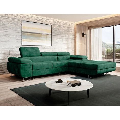 Alvaro Velvet Left Hand Facing Corner Sofa Bed with Storage and Lift Mechanism - Bottle Green (1/4)