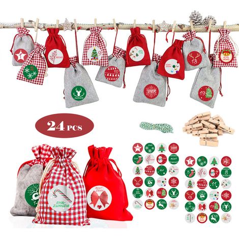 24 Adventskalendertüten, 24-tägiger Weihnachtscountdown, Jutesäckchen, Süßigkeitentüten mit Holzclips, Aufkleber und Schnur (1/5)