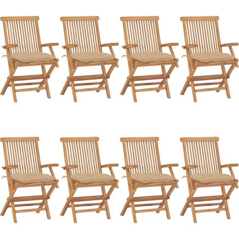 Lot de 8 Chaises de jardin avec coussins beige - Chaise d'extérieur pour terrasse/jardin Bois de teck massif BV679199 - BonneVie (1/5)