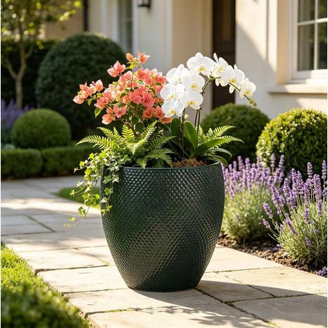 Vaso grande in ceramica Ø46 x 53 cm verde muschio lucido con rilievo a rombi OKWISH (1/5)