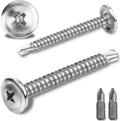 100 Pcs Vis Autoforeuse Metal 410 Vis Autoforeuse Inox 4.2x38MM Autoperforante Phillips à Tête Fraisée pour Acier Autoperceuse à Tête Ronde Autoperceuse avec 2 Forets (Argent) (1/5)