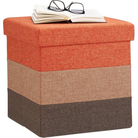 Relaxdays 10022866491 Pouf Imbottito con Contenitore, a Strisce, Colorato, Pieghevole, HxLxP: 38 x 38 x 38 cm, Marrone-Arancione (1/5)