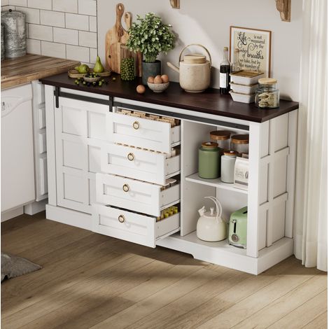 Buffet 150x40x85 cm blanc en MDF avec portes coulissantes, quatre tiroirs, rangement et style maison de campagne (1/5)
