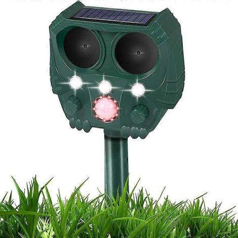 Répulsif pour chats et renards à ultrasons pour jardin, dissuasif pour chats et animaux de compagnie, alimenté à l'énergie solaire, étanche, lumière clignotante et chargement USB. (1/5)