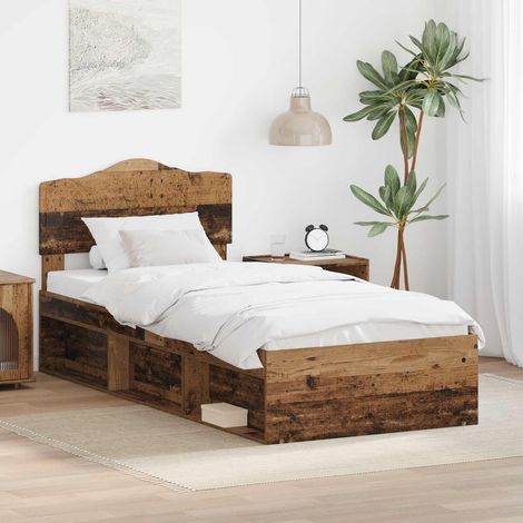 Cadre de lit 90 x 190 cm avec tête de lit, pin massif et bois d’ingénierie, bois ancien - PANGIVO (1/5)