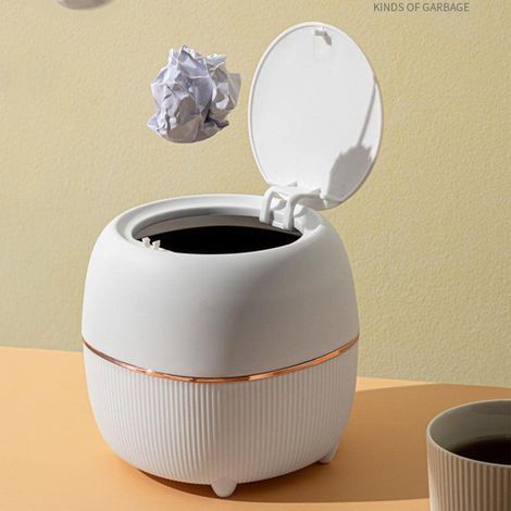 Mini Poubelle de Bureau Créative en Plastique avec Couvercle à Bouton - Petite Poubelle de Table pour Bureau, Chambre, Cuisine (Blanc) (1/4)