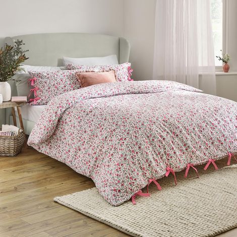 Ensemble De Housse De Couette 100% Coton Délavé Motif Floral avec Fermetures à Nœud Rose King UK Standard 230x220cm (1/4)